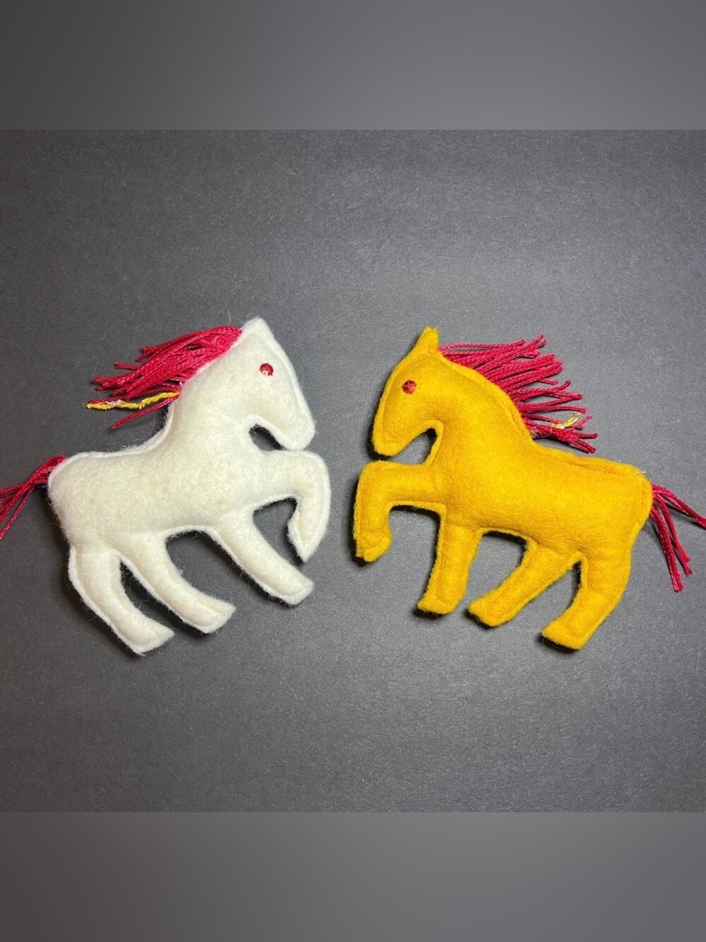 VTG Set of 2 Handmade Felt Red Haired White & Yellow Horse Figure Ornaments 4"